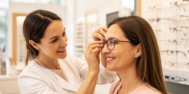 Optikerin passt einer Kundin in einem hellen Geschäft eine Brille an