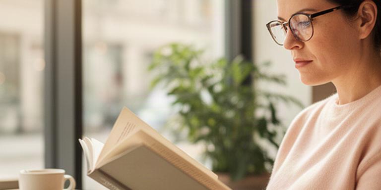 Person mit moderner Korrekturbrille beim Lesen in einem hellen Café