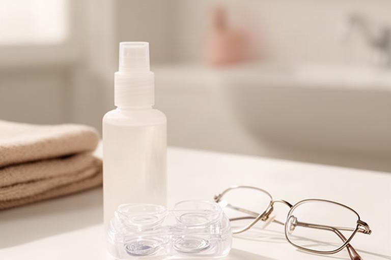 Kontaktlinsenbehälter und Pflegemittel neben einer Brille auf einem hellen Badezimmertisch